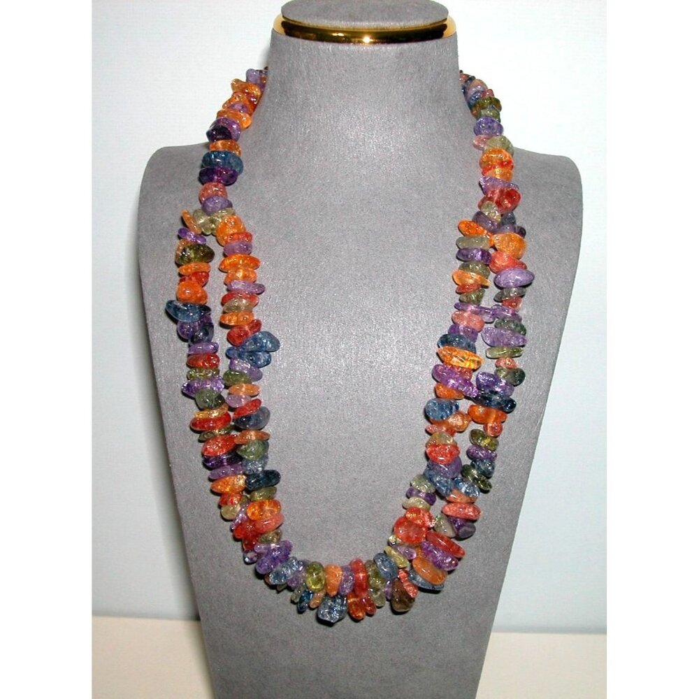 Multi-Color Gemstone Chip Beaded Necklace 30" Long Handmade Jewelry Statement Pi